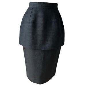 Abby Kanak 100% Dupioni Silk Peplum Designer Midi Skirt Black Small Size 6 Vtg